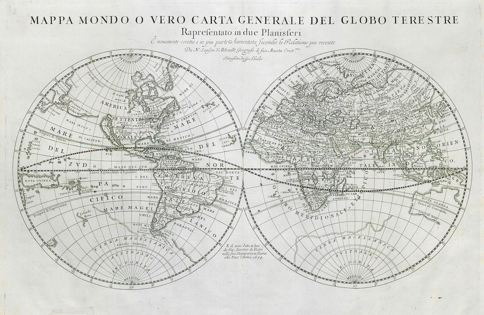 Mappa Mondo. World in twin hemispheres. Insular California. DE ROSSI 1674